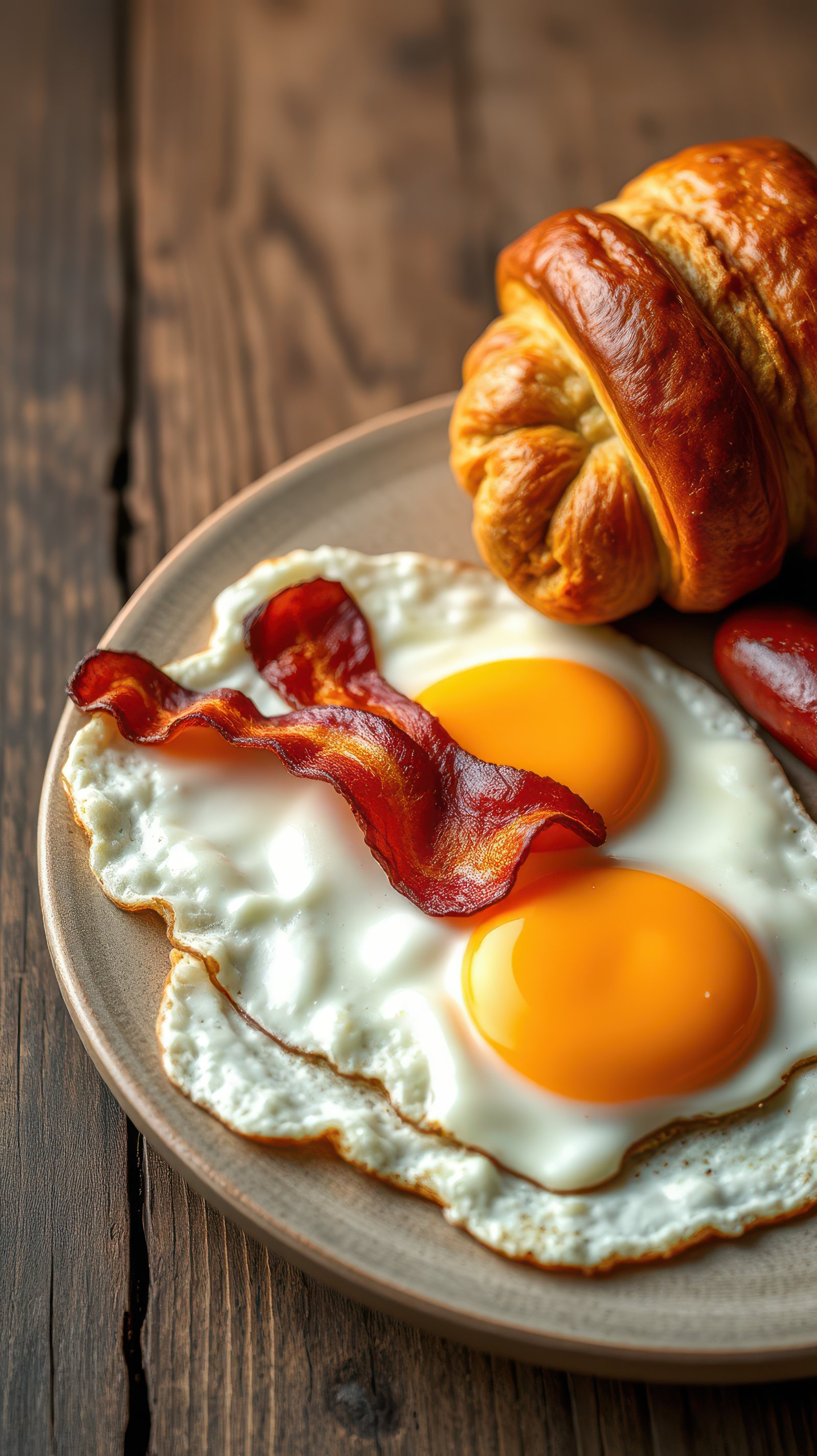 Delicious breakfast plate with fried eggs, crispy bacon, and a buttery croissant on a rustic wooden table